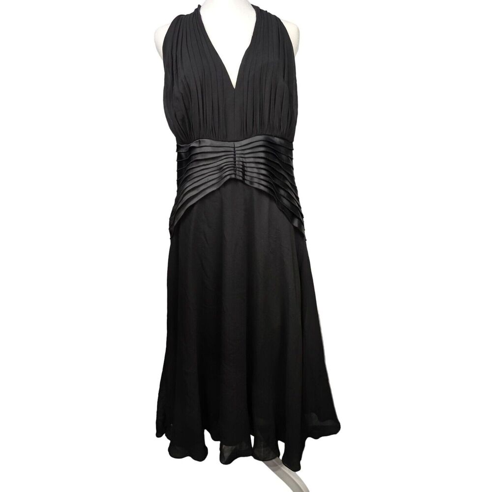 Tadashi Womens Evening Dress sz 14 Sleeveless Pleated V-Neck Satin Waist Detail